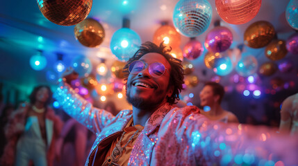 Portrait of a happy young man having fun in a disco club. 
