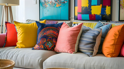 comfortable couch with vibrant pillows. Modern living room interior design by Scandinavian eclectic designers