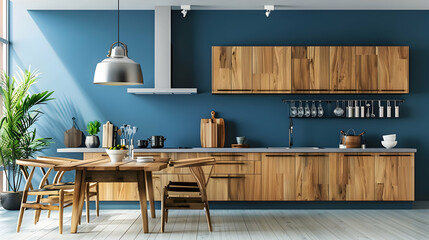 Contemporary kitchen interior design featuring blue wall and wooden cabinetry, as well as wooden dining table and chairs