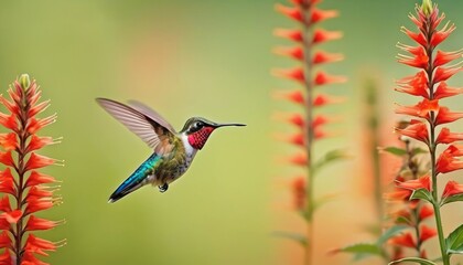 A vibrant hummingbird hovers in mid-air, feeding from bright red flowers, capturing the dynamic beauty of nature