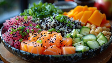  A wooden table holds a variety of sushi in a large bowl and adjacent bowls of vegetables