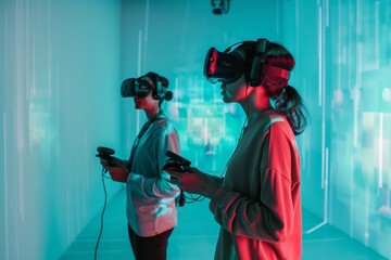Two people engaged in a VR simulation, illuminated by dynamic blue lighting.