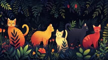 Obraz premium A charming illustration of playful cats meandering through a lush garden, their vibrant coats complementing the vivid flora around them.