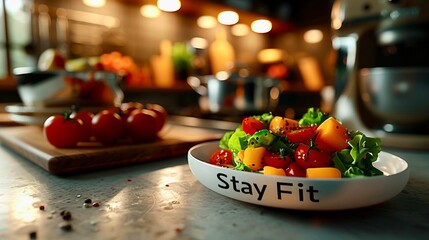 on a white plate with a Frischer Salat, the inscription Stay Fit on a light table in the modern bright kitchen