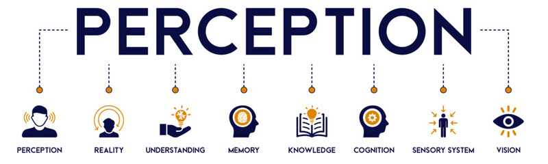 Perception banner website icons vector illustration concept of with icons of perception, reality, under staging, memory, knowledge, cognition, sensory system, vision, brain, metal on white background