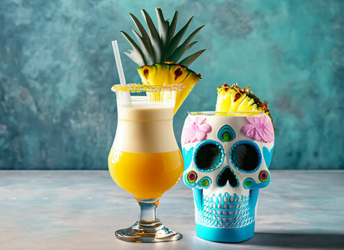 milky coattail garnished with pineapple next bule Mexican skull