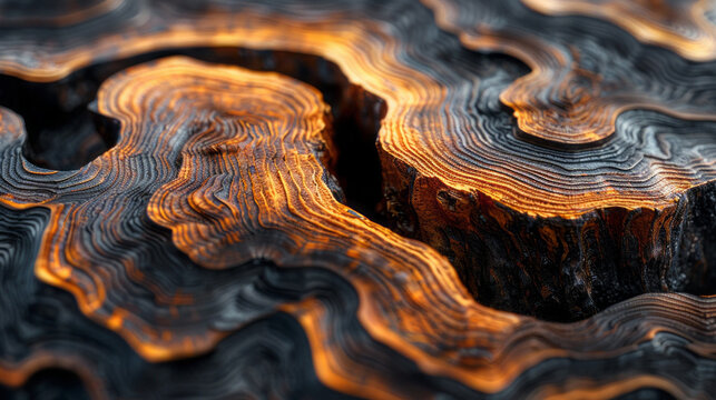 Intense macro view of an ancient, noble wood burl, with its deep, rich swirls and patterns highlighted, conveying timeless luxury and solidity