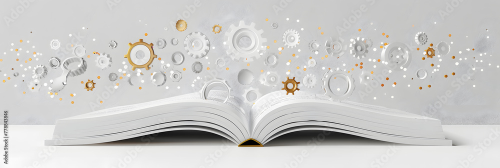 Poster an open book with symbols of education and knowledge floating above it, such as gears or graduation 