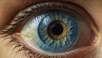 Extreme close-up of a blue human eye, showcasing the intricate iris patterns and textures of the sclera - obrazy, fototapety, plakaty