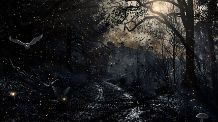 Black ambiance in a night forest landscape with owls and fireflies