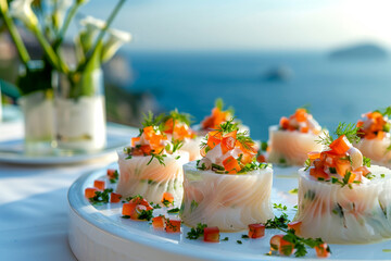 Elegant fish appetizers on plate, ocean view for fine dining