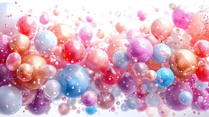 Fototapeta premium A group of balloons bobbing in mid-air, each adorned with water beads at their base and clusters of bubbles below