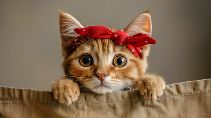 A cat wearing a red bandana and looking at the camera. A cat with big eyes and wearing a red head...