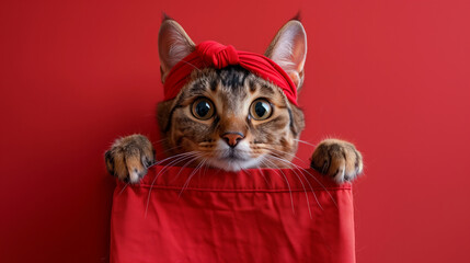 A cat wearing a red bandana is peeking out from a red bag. A cat with big eyes and wearing a red head band, looks out of a plain red shirt pocket with his paws over the edge of the pocket.