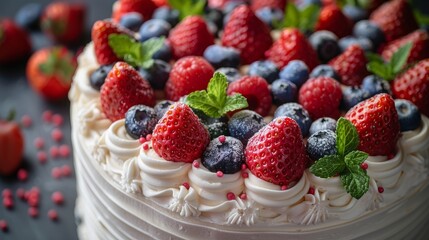   A white cake topped with fresh strawberries, juicy blueberries, and plump raspberries - obrazy, fototapety, plakaty