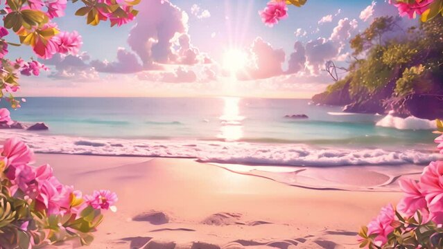 Tropical beach with sea star on sand, summer holiday background. Travel and beach vacation, free space for text. Summer concept sunglasses,hat and shells sunlight shining 4k video
