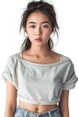 Full face no crop of a Pretty Young Korean Super Model in Casual Denim Shorts and a Cropped Tee, radiating playful vibes with a carefree expression. photo on white isolated background