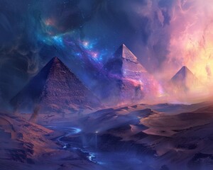 Solar Spectrum pyramids rise from Sapphire Swirl seas - obrazy, fototapety, plakaty