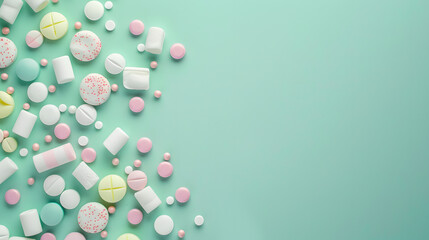 Colorful pills and marshmallows on a mint green background with copy space for text. Shared focus - obrazy, fototapety, plakaty