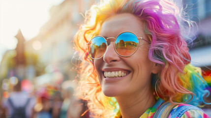 Happy mature woman celebrating pride festival. Smiling senior woman dyed rainbow hair round sunglasses. Candid inclusive LGBTQ+ event portrait. Copy space
