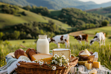 Assorted cheese, milk, dairy delights in pastoral setting