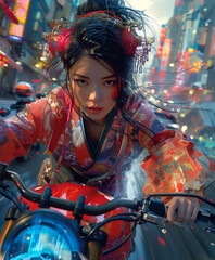 photorealistic geisha on a motorcycle, cyberpunk style with kimono  - obrazy, fototapety, plakaty