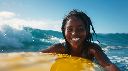 Happy african american girl surfing in the ocean. Smiling black female surfer on a yellow surfboard...