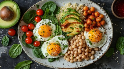   A plate with eggs, beans, avocado, tomatoes, and spinach on a table