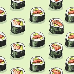 Appetizing Japanese Sushi Rolls with Various Fillings on Repeating Pattern Background