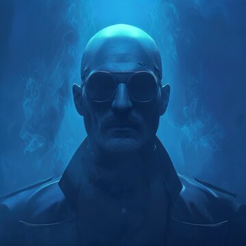 Cool bald man in sunglasses exhaling smoke against blue background