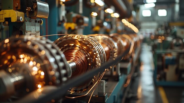The production of copper wire rotating and bobbing over the backdrop of a copper plant for manufacturing and space, Generative AI.