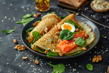 Crepes with eggs and salmon spinach - obrazy, fototapety, plakaty