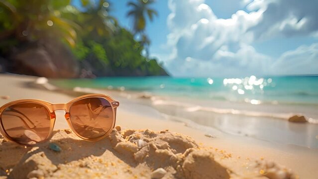 Tropical beach with sea star on sand, summer holiday background. Travel and beach vacation, free space for text. Summer concept sunglasses,hat and shells sunlight shining 4k video