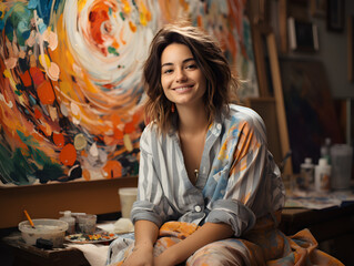 Artist exuding passion in colorful studio, joyful smile amidst vibrant canvases, full body shot.