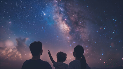 Romantic starry sky and family human silhouettes