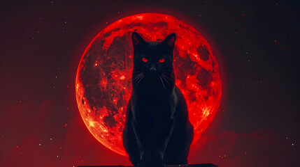Black cat with a red blood moon background hd desktop wallpaper