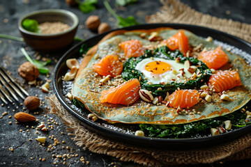 Crepes with eggs and salmon spinach - obrazy, fototapety, plakaty