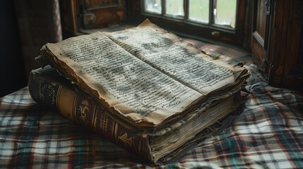 Vintage open book with handwritten text on a rustic wooden table by a window, evoking a historical or scholarly atmosphere.