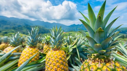 A field with an idyllic view of the blue sky and mountains is the site to a plantation manufacturing sweet clean pineapples exotic tropical fruits and space, Generative AI.