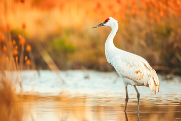 Fototapeta premium Whooping Crane Chionis albus on the river at sunrise