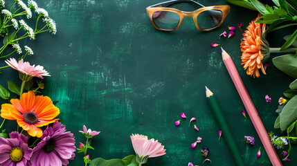 Flowers, glasses and pencil on green chalkboard background with copy space for teacher's day or woman’s Day concept - obrazy, fototapety, plakaty