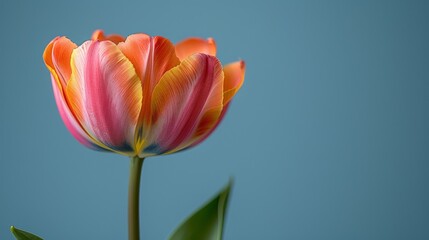   A single pink and yellow tulip with green leaves on a blue background and a blue sky in the background