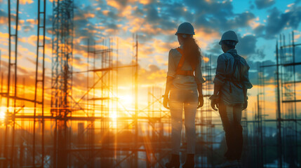 Two engineers in hardhats at a construction site during sunset, with silhouettes and scaffolding against a vibrant sky, depicting industry and development.
