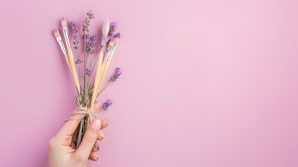 Hand holding paintbrushes with lavender sprigs tied on a lilac background - obrazy, fototapety, plakaty