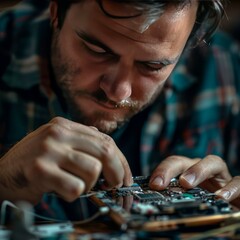 Close-Up of a Man Repairing an Open Smartphone - obrazy, fototapety, plakaty