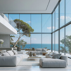 modern living room interior design of a modern beach house with a wide glass window and a sea view  - 778846643