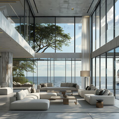 modern living room interior design of a modern beach house with a wide glass window and a sea view  - 778846651