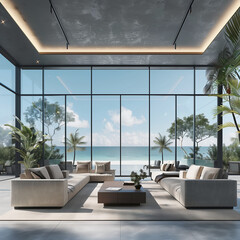 modern living room interior design of a modern beach house with a wide glass window and a sea view  - 778846653