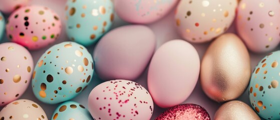 Festive Easter eggs with vibrant gold and pink polka dots on a white background