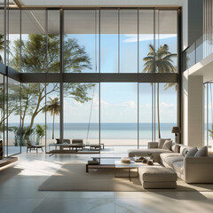 modern living room interior design of a modern beach house with a wide glass window and a sea view  - 778846660
